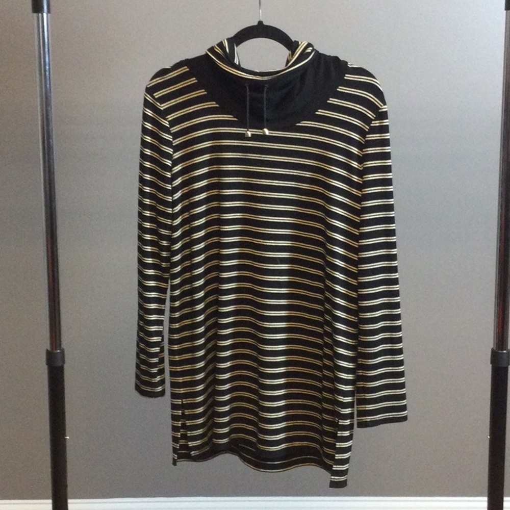 S Zenergy by Chico’s black gold metallic striped hooded tunic